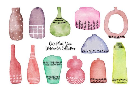 Ceramic Flower Vase and Pot Watercolor Illustrations