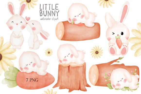 Cute Bunny Watercolor Clipart & Illustrations