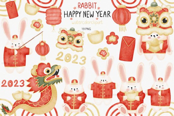 Cute Rabbit New Year Watercolor Set: Festive Illustrations for Small Business Branding