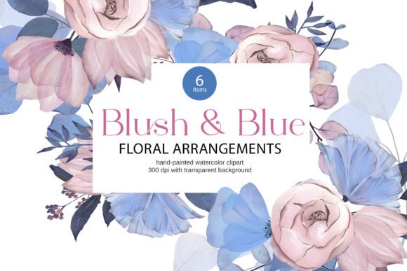 Pink, Blue Watercolor Flower Arrangement