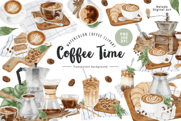 Watercolor Coffee Time Clipart, PNG Review
