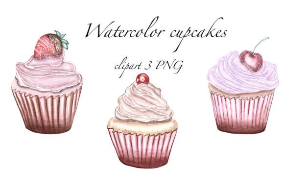 Watercolor Cupcake Clipart, PNG & Illustrations