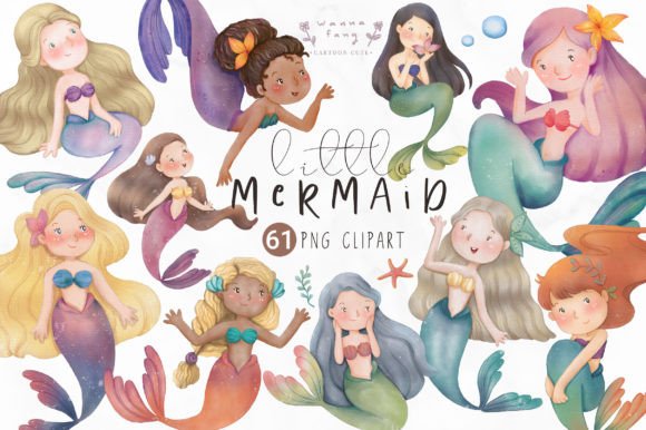 Watercolor Cute Mermaid Clipart, PNG