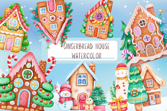Watercolor Gingerbread House Santa Image