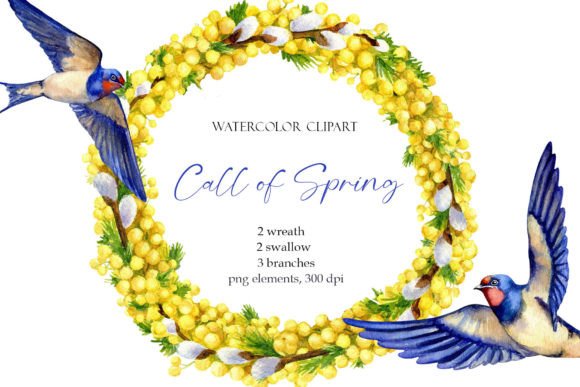 Watercolor Mimosa Wreath, Spring Swallow Illustrations
