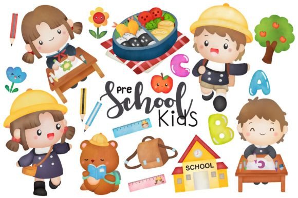 Watercolour Preschool Kids Clipart & Illustrations